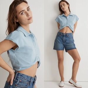 Madewell MWL Polo Twist Tee: Botanical Dye Edition Size XL Light Blue Crop NWT